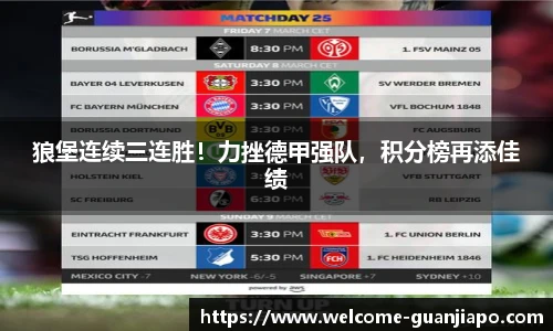 狼堡连续三连胜!力挫德甲强队,积分榜再添佳绩